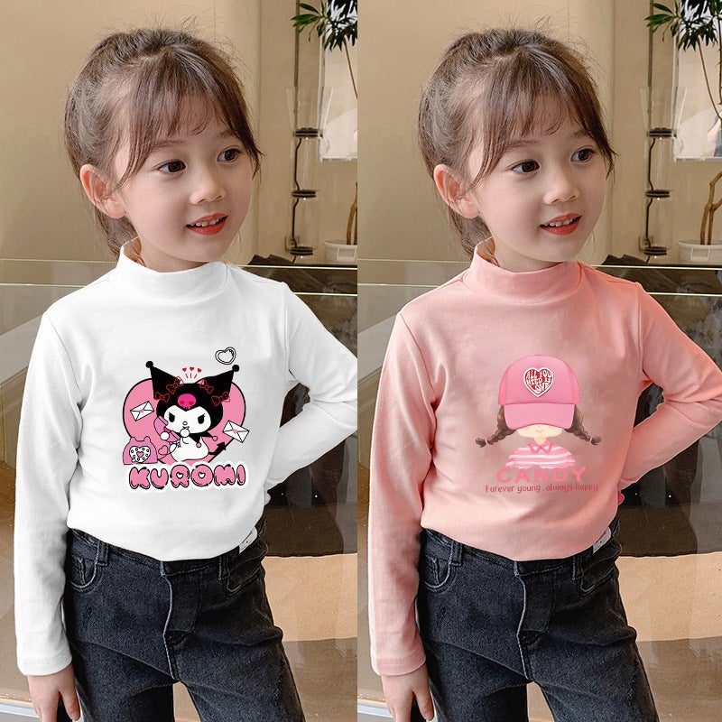 Children'S Base Shirt Half-High Collar Girl'S White Baby'S Long-Sleeved T-Shirt De-Velvet Base T-Shirt - Image 2
