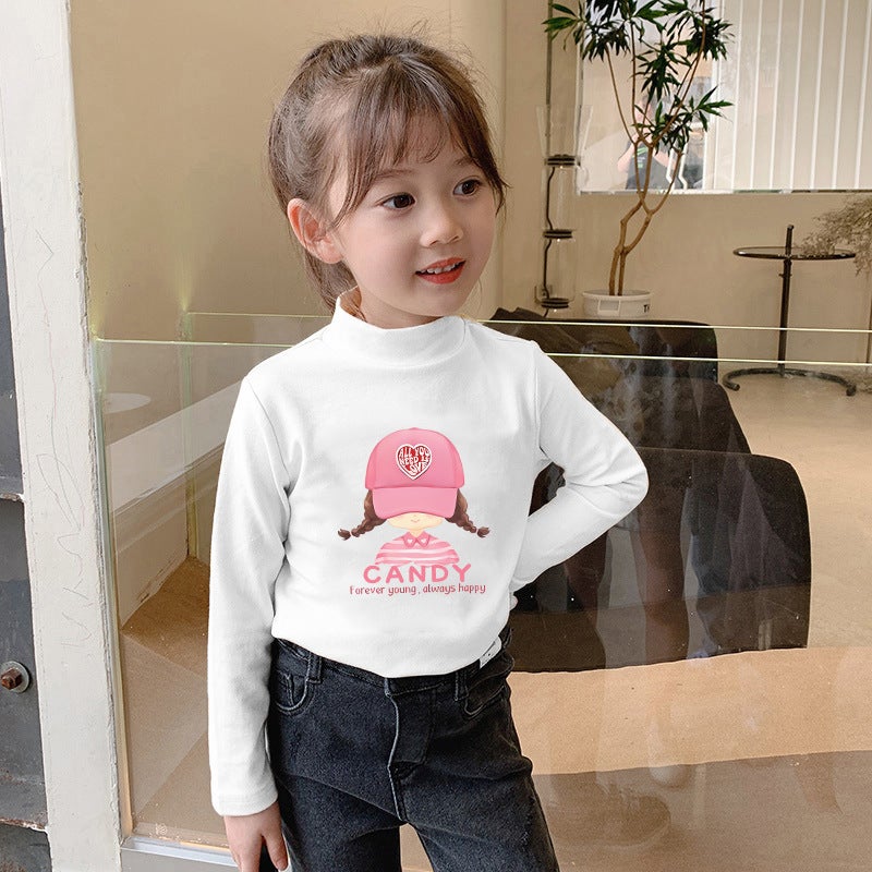 Children'S Base Shirt Half-High Collar Girl'S White Baby'S Long-Sleeved T-Shirt De-Velvet Base T-Shirt - Image 1