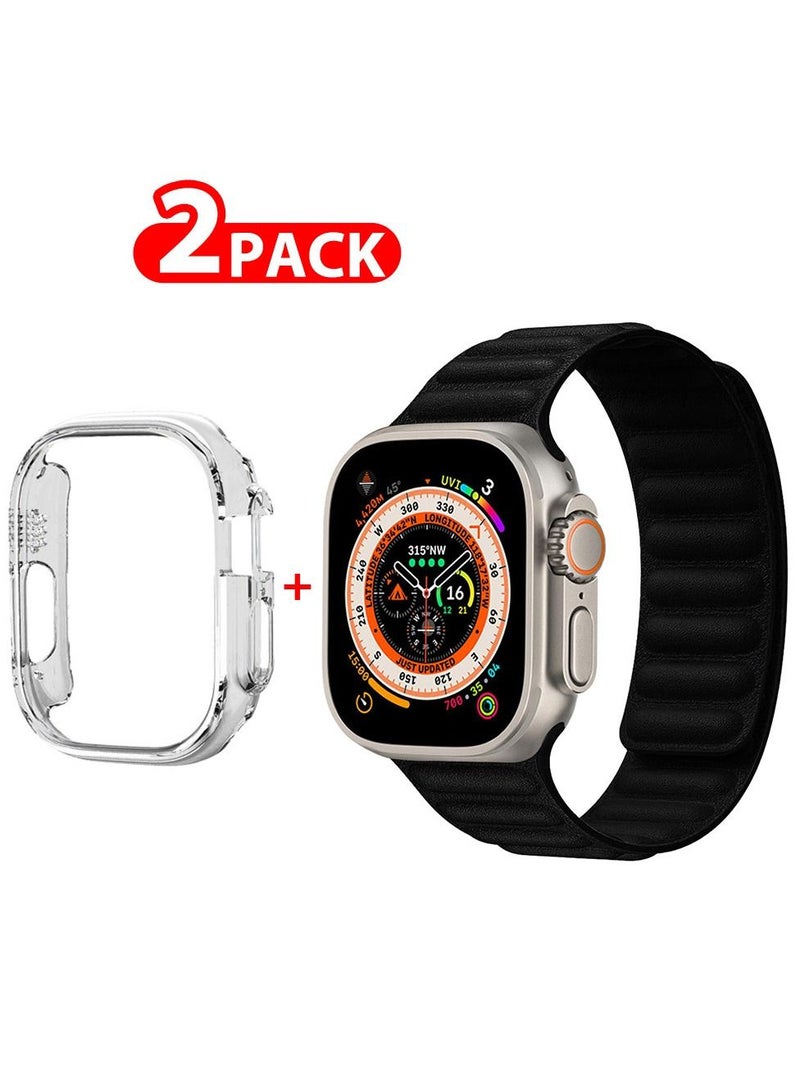 CATANES - 2 Packs For Apple Watch Band 49mm Leather Link Strap Magnetic Loop Bracelet and Clear Case Holder Black 2 - Image 1