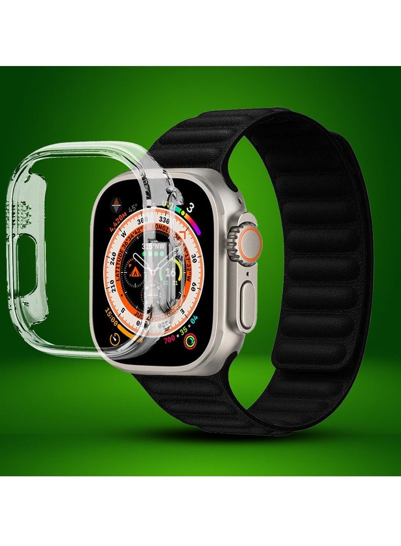 CATANES - 2 Packs For Apple Watch Band 49mm Leather Link Strap Magnetic Loop Bracelet and Clear Case Holder Black 2 - Image 1