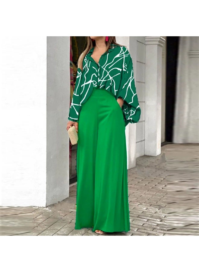 general 2025-2026 Women's set loose large size casual printed shirt solid color wide leg pants two-piece set - Image 1