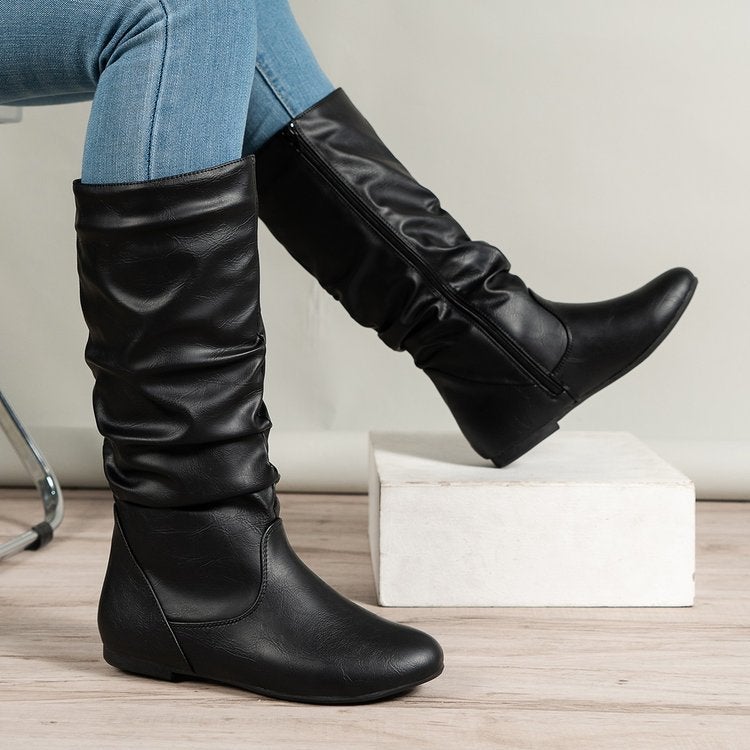 Round Head Plus Size Side Zipper High Boots Women'S Retro Western Denim Thin Leather Boots Knight Boots - Image 1