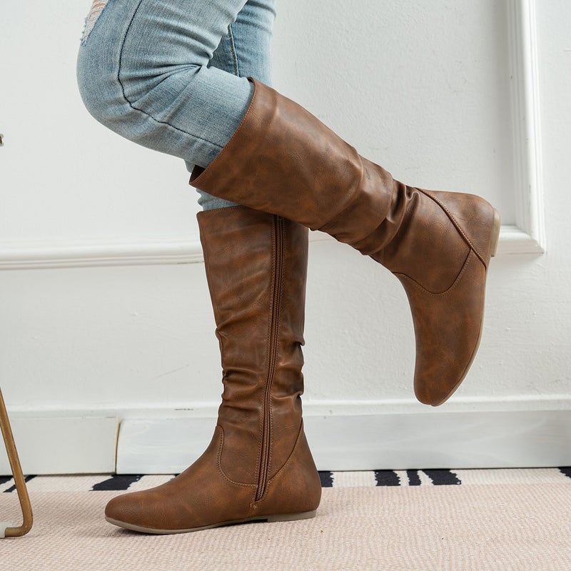 Round Head Plus Size Side Zipper High Boots Women'S Retro Western Denim Thin Leather Boots Knight Boots - Image 2