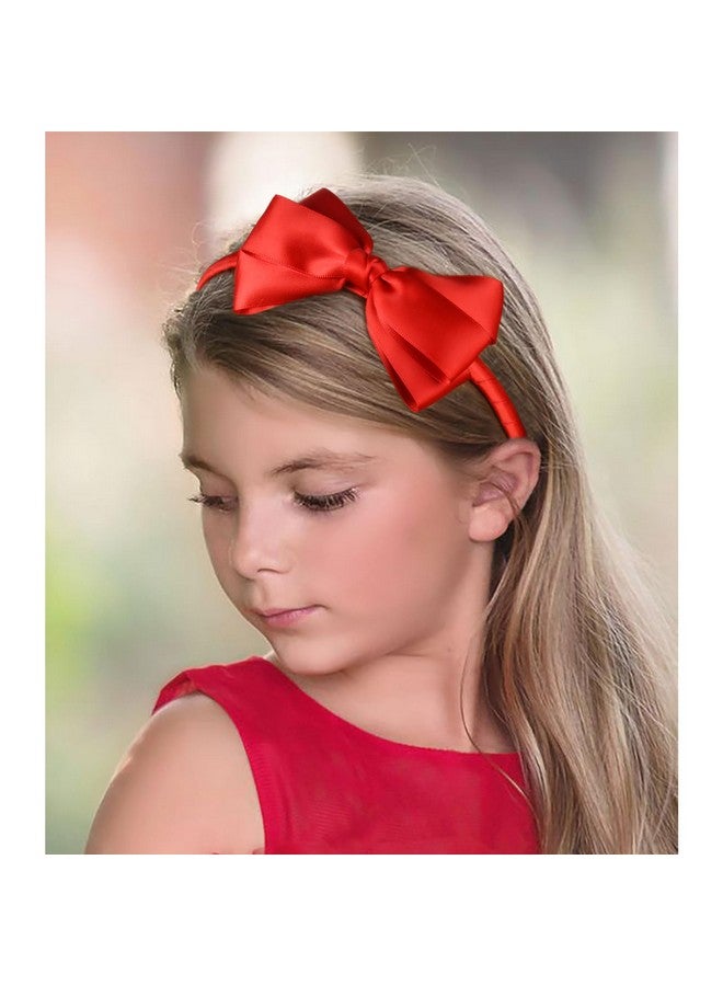 DEEKA Red Bow Headband & 2 Pcs Satin 4 Inch Hair Bows Set Uniform Hair Accessories Hair Band for Little Toddler School Girls -Red - Image 5