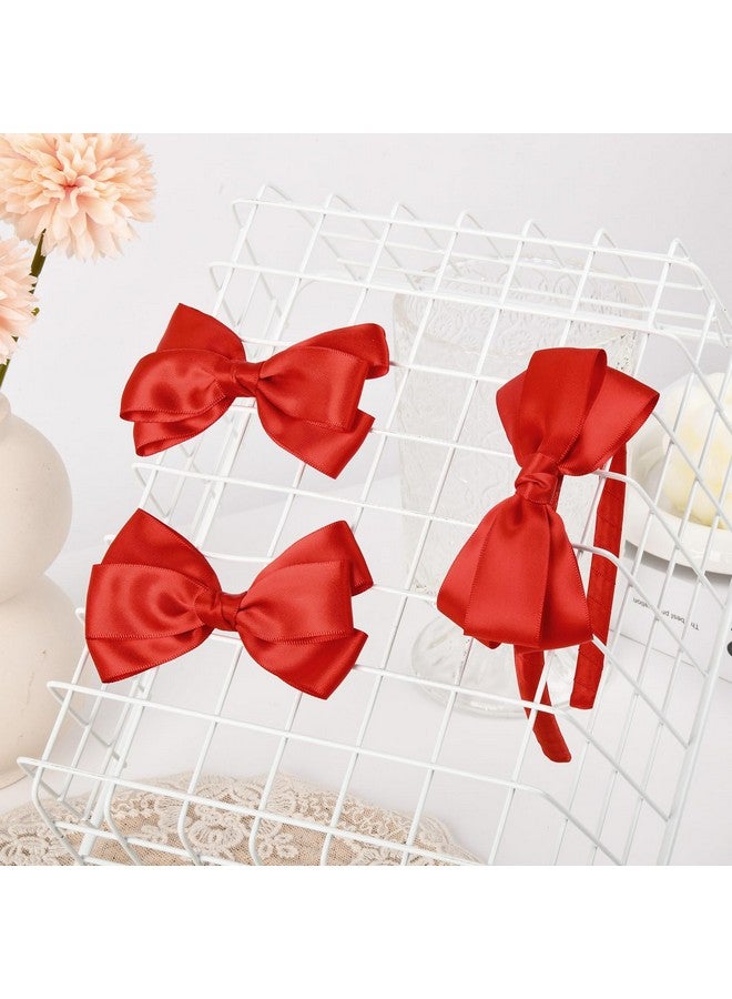 DEEKA Red Bow Headband & 2 Pcs Satin 4 Inch Hair Bows Set Uniform Hair Accessories Hair Band for Little Toddler School Girls -Red - Image 4