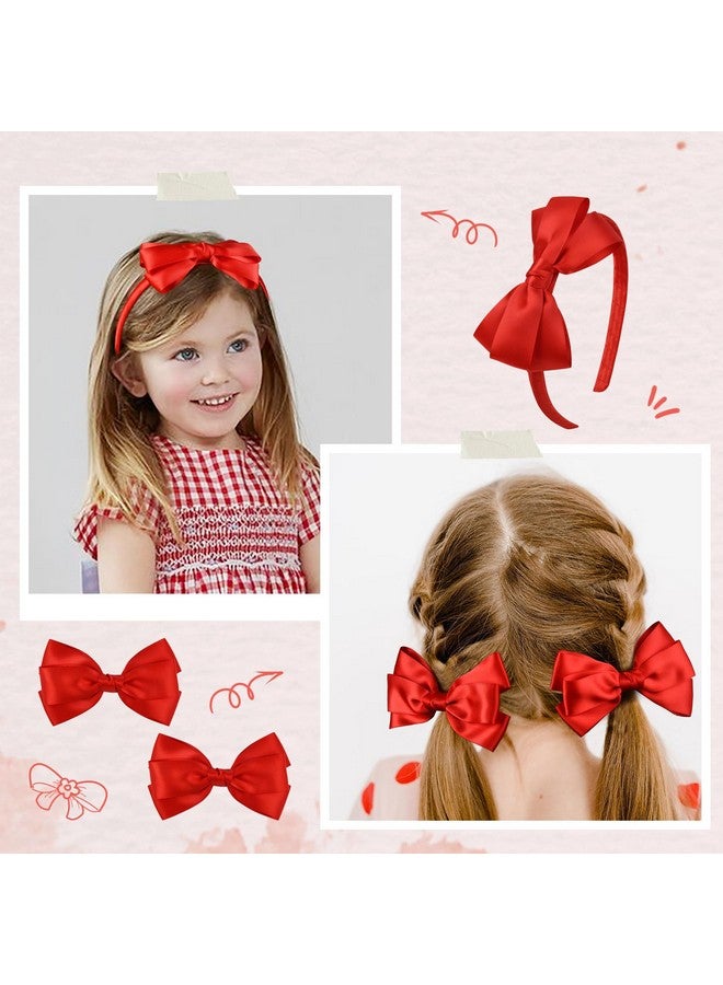 DEEKA Red Bow Headband & 2 Pcs Satin 4 Inch Hair Bows Set Uniform Hair Accessories Hair Band for Little Toddler School Girls -Red - Image 3