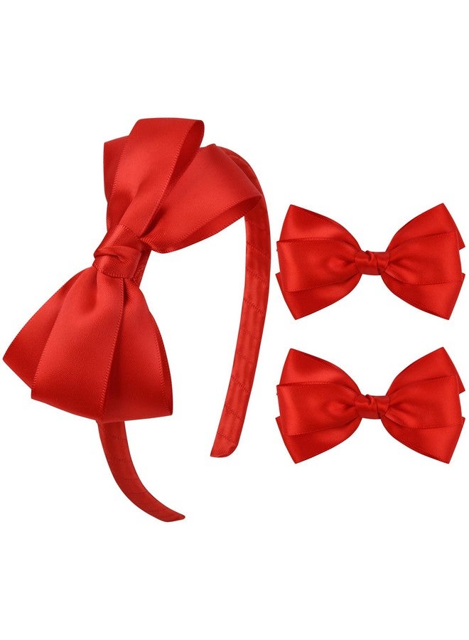DEEKA Red Bow Headband & 2 Pcs Satin 4 Inch Hair Bows Set Uniform Hair Accessories Hair Band for Little Toddler School Girls -Red - Image 1