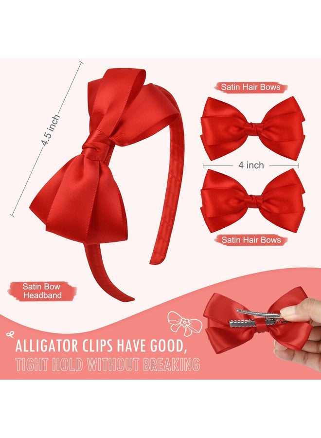 DEEKA Red Bow Headband & 2 Pcs Satin 4 Inch Hair Bows Set Uniform Hair Accessories Hair Band for Little Toddler School Girls -Red - Image 2