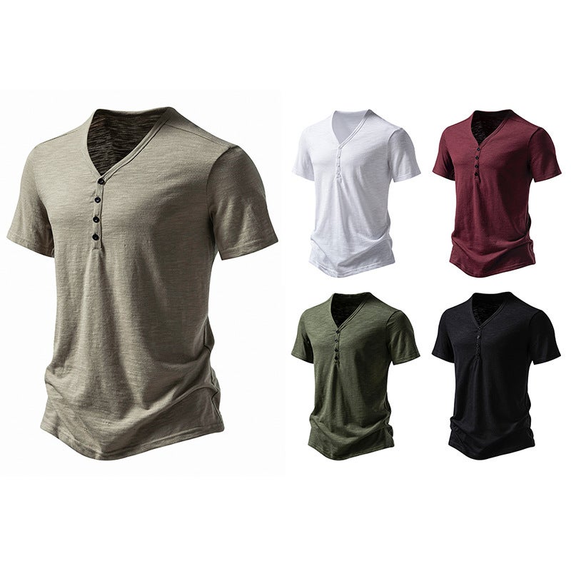 new four button men''s V-neck bamboo short sleeve T-shirt 012P30 - Image 2