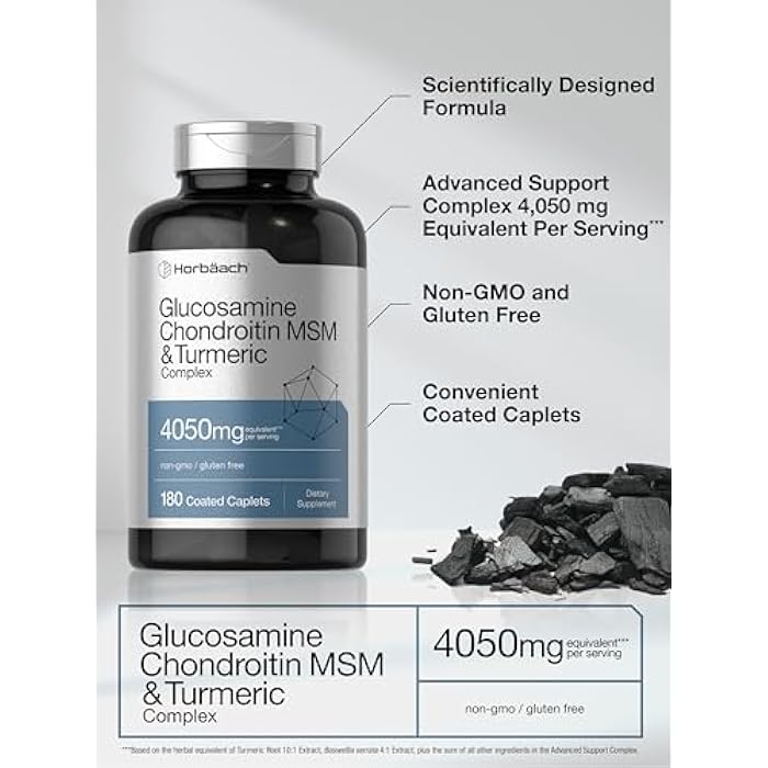 Horbäach Glucosamine Chondroitin MSM | 180 Caplets | with Turmeric | Triple Strength Formula | Non-GMO & Gluten Free Supplement - Image 4