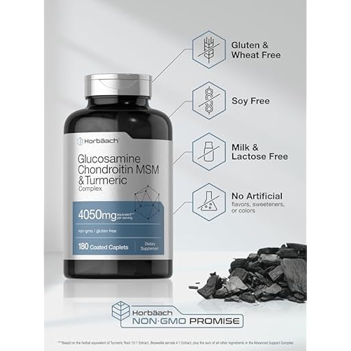 Horbäach Glucosamine Chondroitin MSM | 180 Caplets | with Turmeric | Triple Strength Formula | Non-GMO & Gluten Free Supplement - Image 5