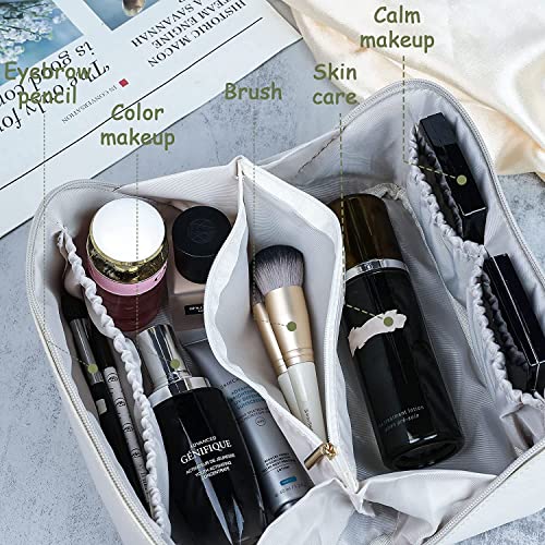 SKYTONE Large Capacity Cosmetic Travel Bag, Women's Wide Opening Makeup Portable Leather Storage Organizer Bags with Handle and Divider, (Cream, 12 Cm, Cosmetic Bag) - Image 4