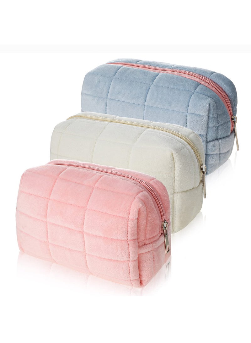 Excefore 3 Pcs Plush Zipper Checkered Cosmetic Bag, Multi Functional Travel Bags Use for Storage Makeup Brushes, Lipstick, Liquid Foundation, Eyeliner - Image 2