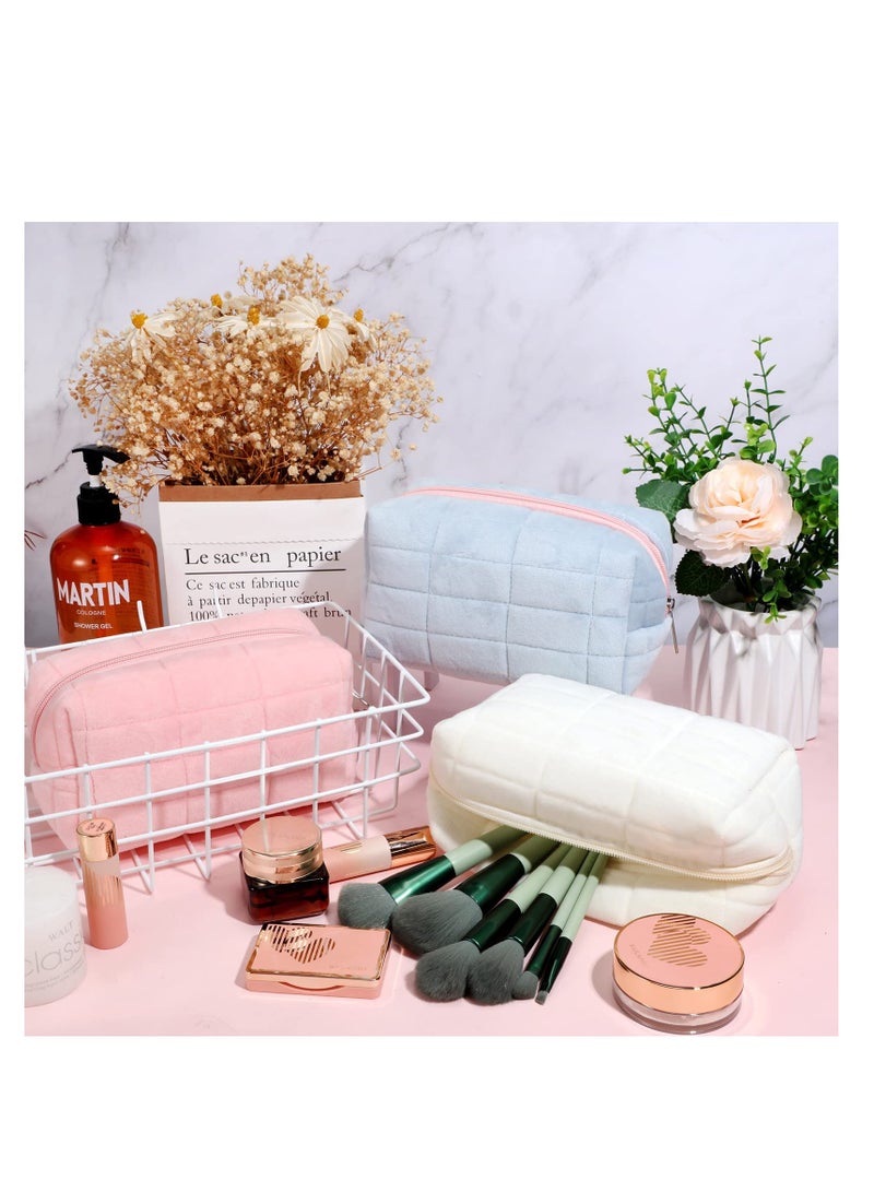Excefore 3 Pcs Plush Zipper Checkered Cosmetic Bag, Multi Functional Travel Bags Use for Storage Makeup Brushes, Lipstick, Liquid Foundation, Eyeliner - Image 1