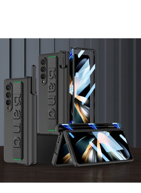 Excefore for Galaxy Z Fold 4 Case with S Pen Holder, 360°Ring Magnetic Kickstand, Slide Camera Cover Front Screen Protector Protective Armor Samsung 4, Black