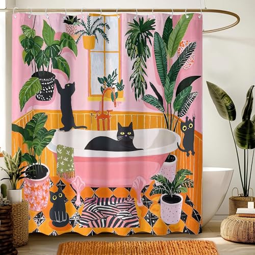 Fowocu Funny Cat Shower Curtain Boho Cute Fun Black Cats Matisse Shower Curtains for Bathroom Kitten Green Tropical Plant Leaves Pink Orange Yellow Waterproof Fabric Bath Curtain Decor 72 X 72 Inches - Image 3