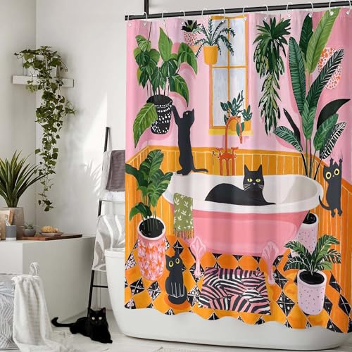 Fowocu Funny Cat Shower Curtain Boho Cute Fun Black Cats Matisse Shower Curtains for Bathroom Kitten Green Tropical Plant Leaves Pink Orange Yellow Waterproof Fabric Bath Curtain Decor 72 X 72 Inches - Image 4