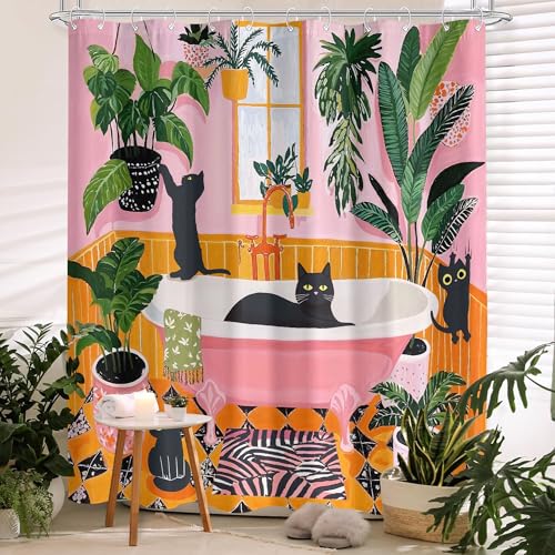 Fowocu Funny Cat Shower Curtain Boho Cute Fun Black Cats Matisse Shower Curtains for Bathroom Kitten Green Tropical Plant Leaves Pink Orange Yellow Waterproof Fabric Bath Curtain Decor 72 X 72 Inches - Image 5