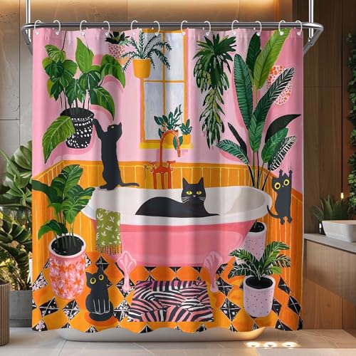 Fowocu Funny Cat Shower Curtain Boho Cute Fun Black Cats Matisse Shower Curtains for Bathroom Kitten Green Tropical Plant Leaves Pink Orange Yellow Waterproof Fabric Bath Curtain Decor 72 X 72 Inches - Image 1