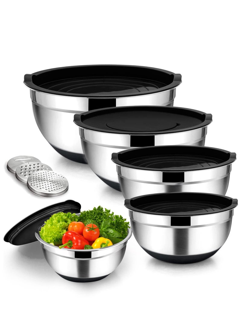 ميمون قطعة أوعية خلط مع أغطية محكمة الإغلاق مجموعة أوعية خلط من الفولاذ المقاوم للصدأ مع 3 ملحقات مبشرة 5 أحجام مع قاع سيليكون غير قابل للانزلاق مناسب كهدية خبز أو سلطة حبوب المطبخ - Image 1