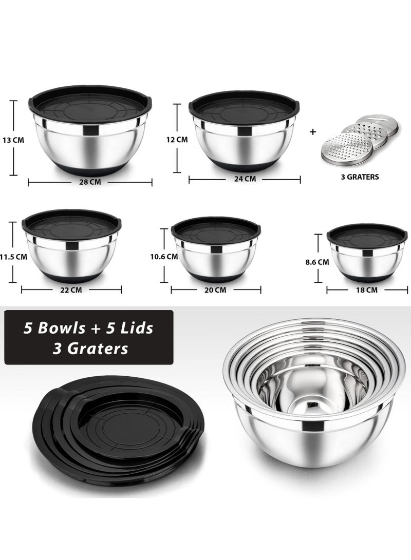 ميمون قطعة أوعية خلط مع أغطية محكمة الإغلاق مجموعة أوعية خلط من الفولاذ المقاوم للصدأ مع 3 ملحقات مبشرة 5 أحجام مع قاع سيليكون غير قابل للانزلاق مناسب كهدية خبز أو سلطة حبوب المطبخ - Image 2