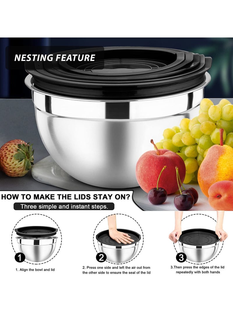 ميمون قطعة أوعية خلط مع أغطية محكمة الإغلاق مجموعة أوعية خلط من الفولاذ المقاوم للصدأ مع 3 ملحقات مبشرة 5 أحجام مع قاع سيليكون غير قابل للانزلاق مناسب كهدية خبز أو سلطة حبوب المطبخ - Image 3