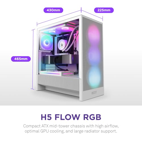 NZXT H5 Flow RGB 2024 Compact ATX MidTower PC Gaming Case High Airflow F360 RGB Core CV Included 360mm Front 240mm Top Radiator Support Cable Management Tempered Glass White - Image 3