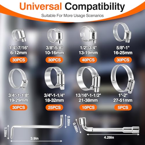 KELIN 202PCS 304 Stainless Steel Hose Clamp Kit, 8 Sizes from 1/4" to 2" (6-51mm) Adjustable Worm Gear Clamps with Socket Wrench & Screwdriver, Automotive Fuel Line Water Pipe Clamps Assortment Set - Image 2