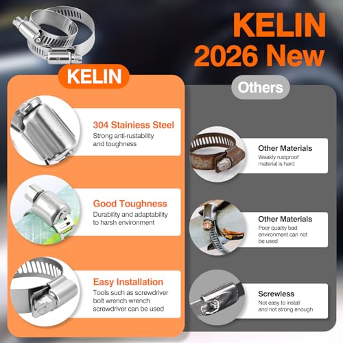 KELIN 202PCS 304 Stainless Steel Hose Clamp Kit, 8 Sizes from 1/4" to 2" (6-51mm) Adjustable Worm Gear Clamps with Socket Wrench & Screwdriver, Automotive Fuel Line Water Pipe Clamps Assortment Set - Image 4