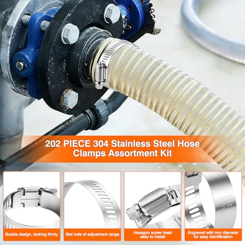 KELIN 202PCS 304 Stainless Steel Hose Clamp Kit, 8 Sizes from 1/4" to 2" (6-51mm) Adjustable Worm Gear Clamps with Socket Wrench & Screwdriver, Automotive Fuel Line Water Pipe Clamps Assortment Set - Image 3