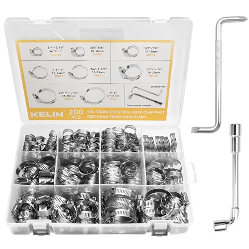 KELIN 202PCS 304 Stainless Steel Hose Clamp Kit, 8 Sizes from 1/4" to 2" (6-51mm) Adjustable Worm Gear Clamps with Socket Wrench & Screwdriver, Automotive Fuel Line Water Pipe Clamps Assortment Set - Image 1