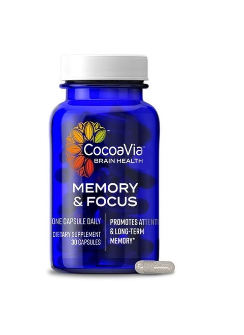 Memory & Focus Brain Supplement, 30 Day, Cocoa Flavanol Blend, Lutein, Added Caffeine for Boost. Improve Cognitive Function, Attention, Vegan & Plant Based, 30 Capsules