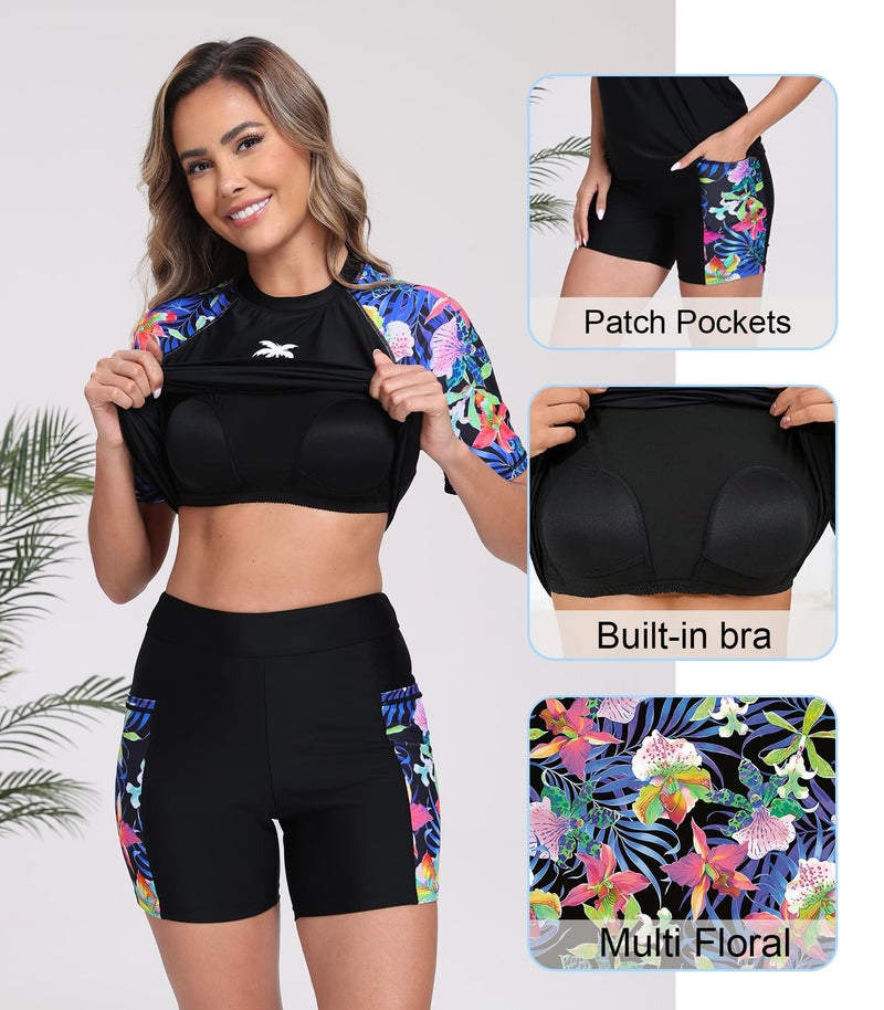 Halcurt Women Rash Guard 2 Piece Bathing Suit with Boy Shorts Built in Bra Swimsuit Set Floral L - Image 5