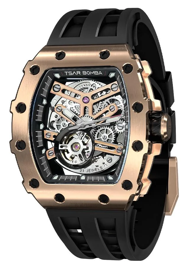 TSAR BOMBA Elemental Series 43mm Automatic Men's Watch with Black Silicone Strap