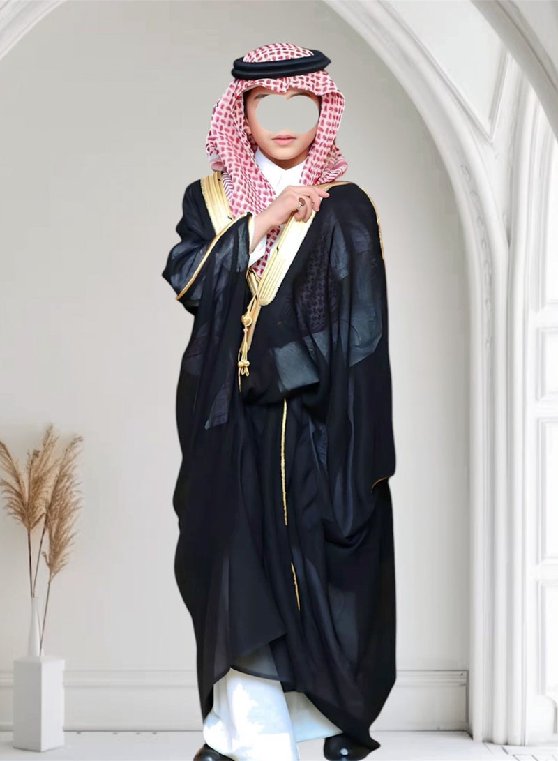 بشت مشلح ملكي فاخر (110سم) بشت مشلح ملكي فاخر باللون الأسود، تطريز ذهبي فاخر، مقاسات مختلفة للمواليد، الأطفال، الأولاد، الشباب، مناسب كهدية، هدايا للأطفال والأولاد، مشلح أسود، بشت أسود - Image 4