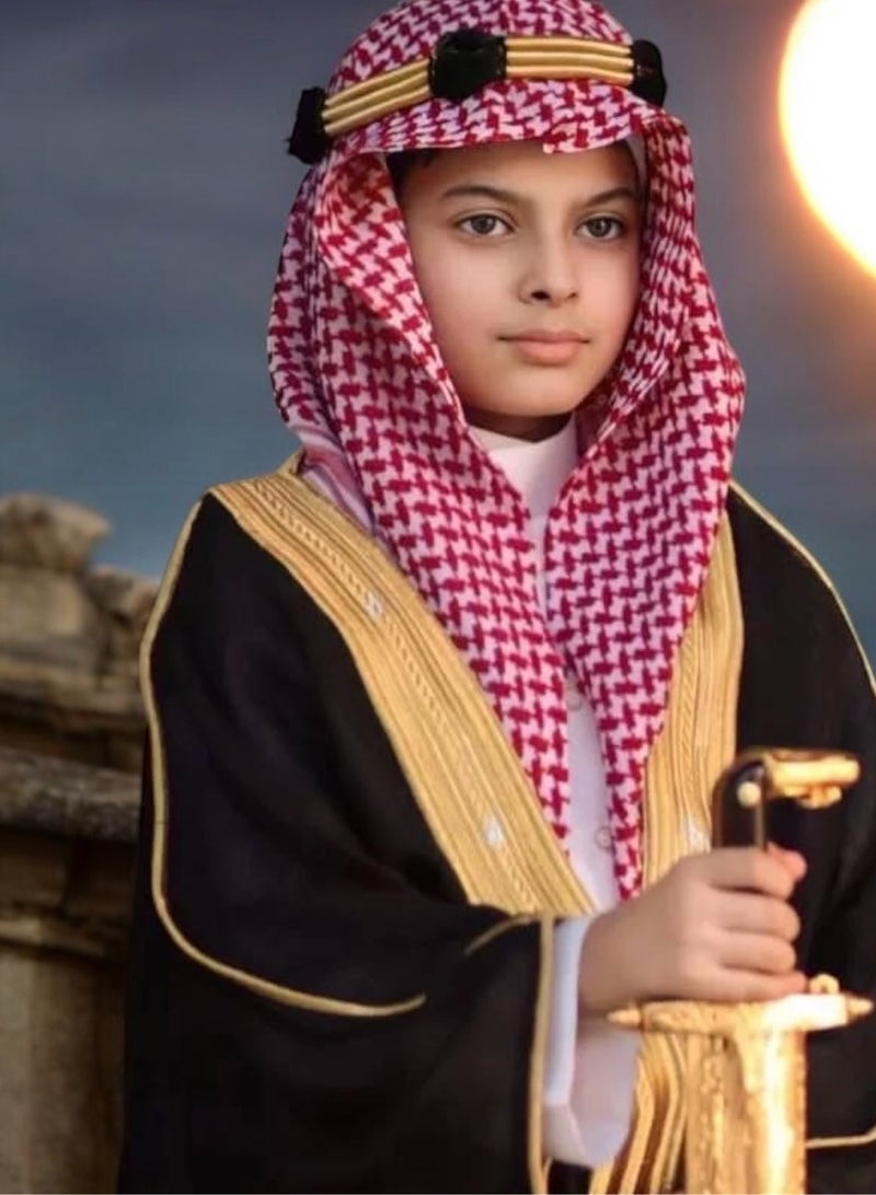 بشت مشلح ملكي فاخر (110سم) بشت مشلح ملكي فاخر باللون الأسود، تطريز ذهبي فاخر، مقاسات مختلفة للمواليد، الأطفال، الأولاد، الشباب، مناسب كهدية، هدايا للأطفال والأولاد، مشلح أسود، بشت أسود - Image 1