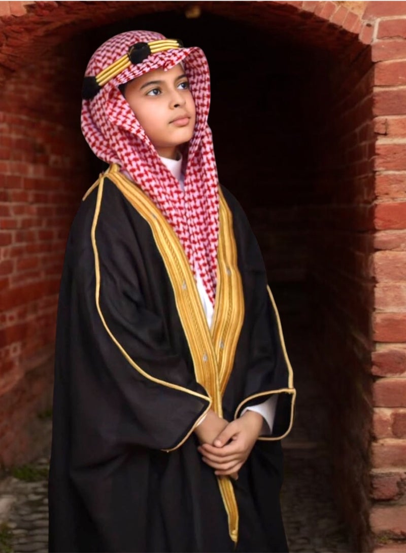 بشت مشلح ملكي فاخر (110سم) بشت مشلح ملكي فاخر باللون الأسود، تطريز ذهبي فاخر، مقاسات مختلفة للمواليد، الأطفال، الأولاد، الشباب، مناسب كهدية، هدايا للأطفال والأولاد، مشلح أسود، بشت أسود - Image 2