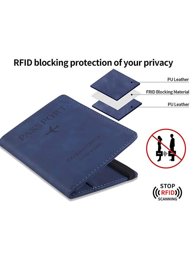 باسبورتو حافظة غطاء حامل جواز السفر مع حزام مطاطي، واقي منظم المستندات من جلد البولي يوريثان T Tersely PU، لبطاقات الائتمان والهوية، وبطاقات الصعود (أزرق) - Image 2