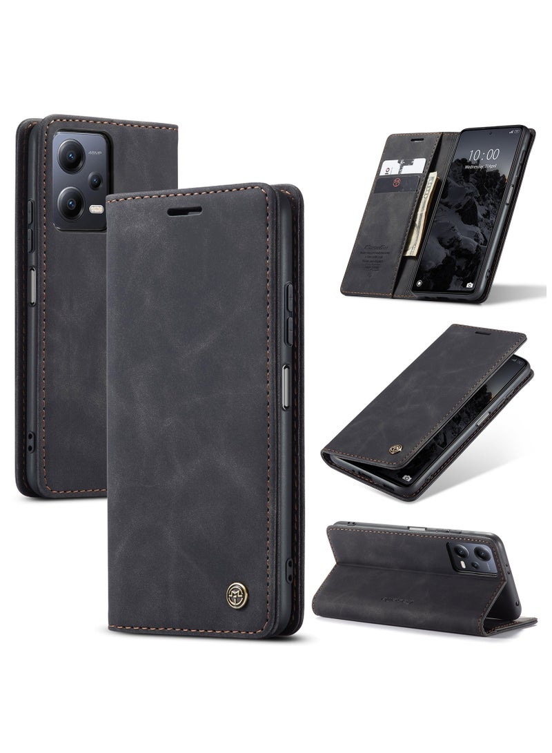 CaseMe RedMi Note 12 5G /XiaoMi Poco X5  5G Case Wallet Case Book Folding Flip Folio Case with Magnetic Kickstand Card Slots Protective Cover - Black - Image 1