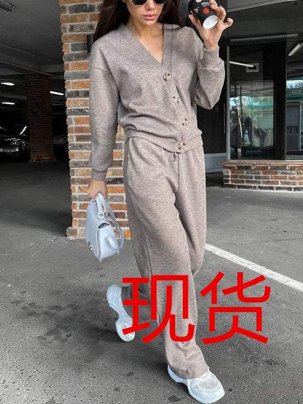 Cross-border New Autumn Fashion Knitted Cotton Womens Sports Jacket suit Simple Pants Pocket Elegant suit Khaki