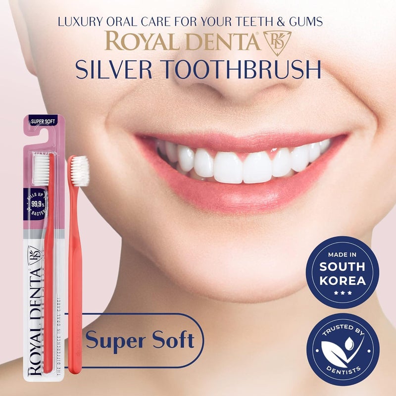Royal Denta فرشاة أسنان ناعمة جدًا للبالغين، بشعيرات ناعمة للغاية، فرشاة يدوية مزودة بشعيرات ذات طول مزدوج مدمجة بجزيئات الفضة للأسنان واللثة الحساسة، تزيل البلاك بلطف، مصنوعة في كوريا (لون أحمر قرمزي) - Image 1