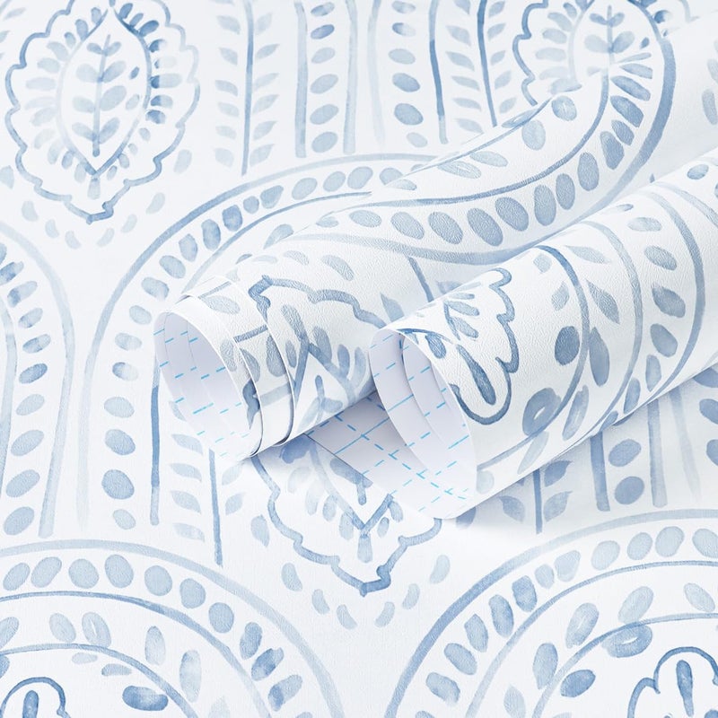 EeeComing Blue Peel and Stick Wallpaper Boho Wall Paper Peel and Stick Modern Contact Paper Self Adhesive Wallpaper for Bedroom and Bathroom Removable Cabinet Shelf Liner Vinyl 173X1181