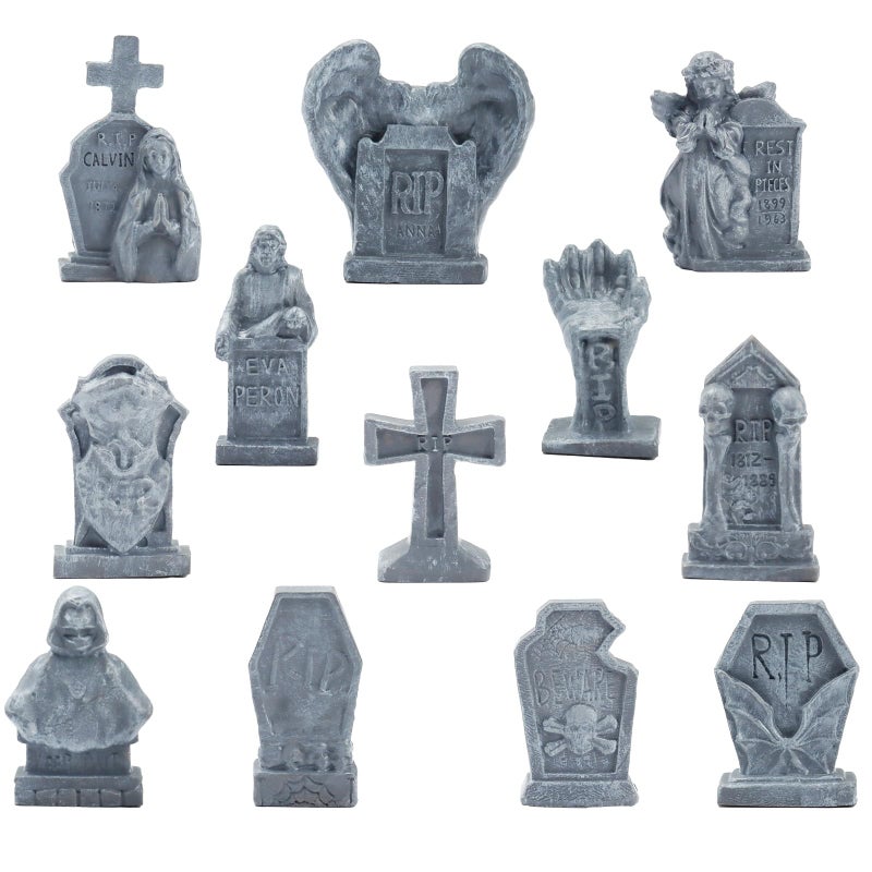 Bbiamsleep 12 Pcs Miniature Tombstones Figurine Mini Resin Tombstones Mini Gravestone Multiple Sizes Style For Mini House Graveyard Scene Diorama Crafts Halloween Decor Accessories - Image 1