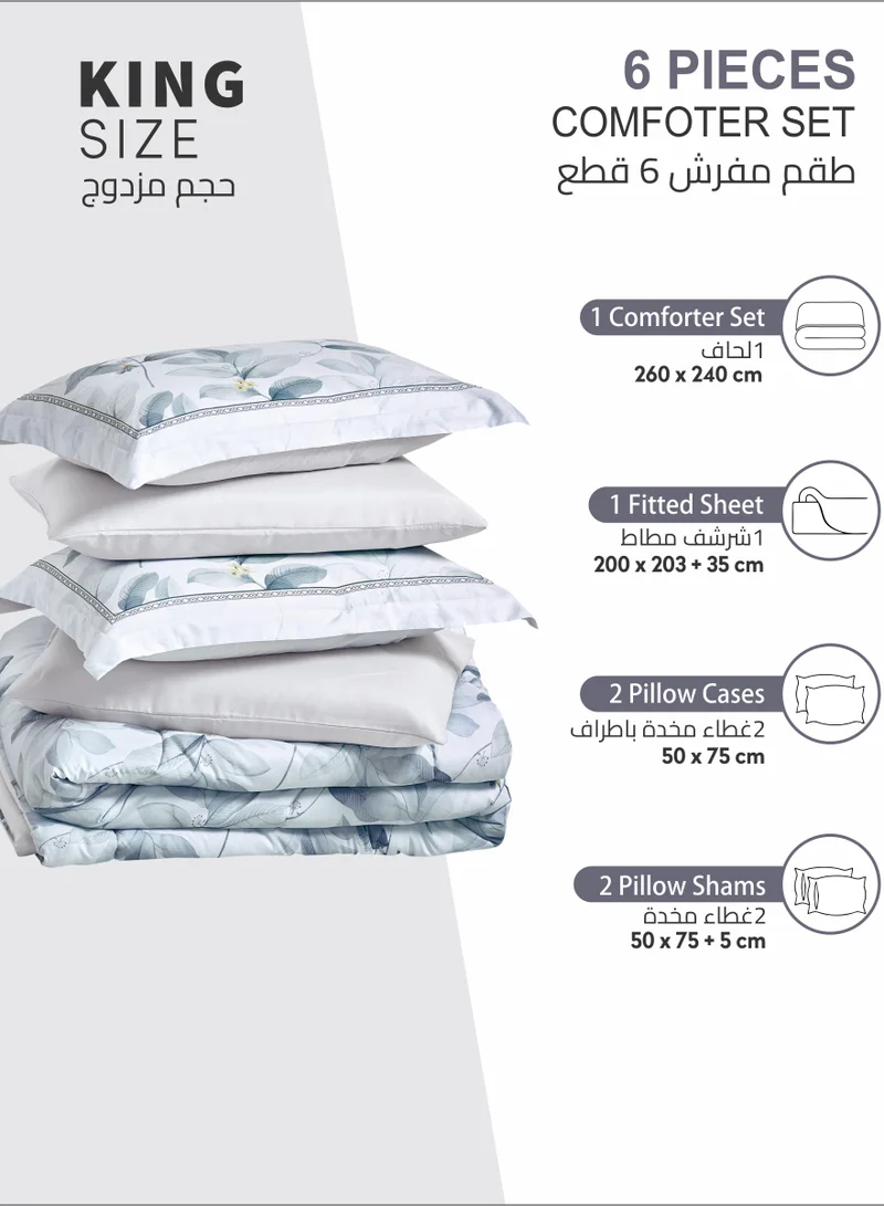 Donetella Comforter Set 6-Pcs King Size Printed Reversible Double Bed FIt 200 x 200 CM All Season Comforter With (350 GSM) Down Alternative Filling, Lavender Grey