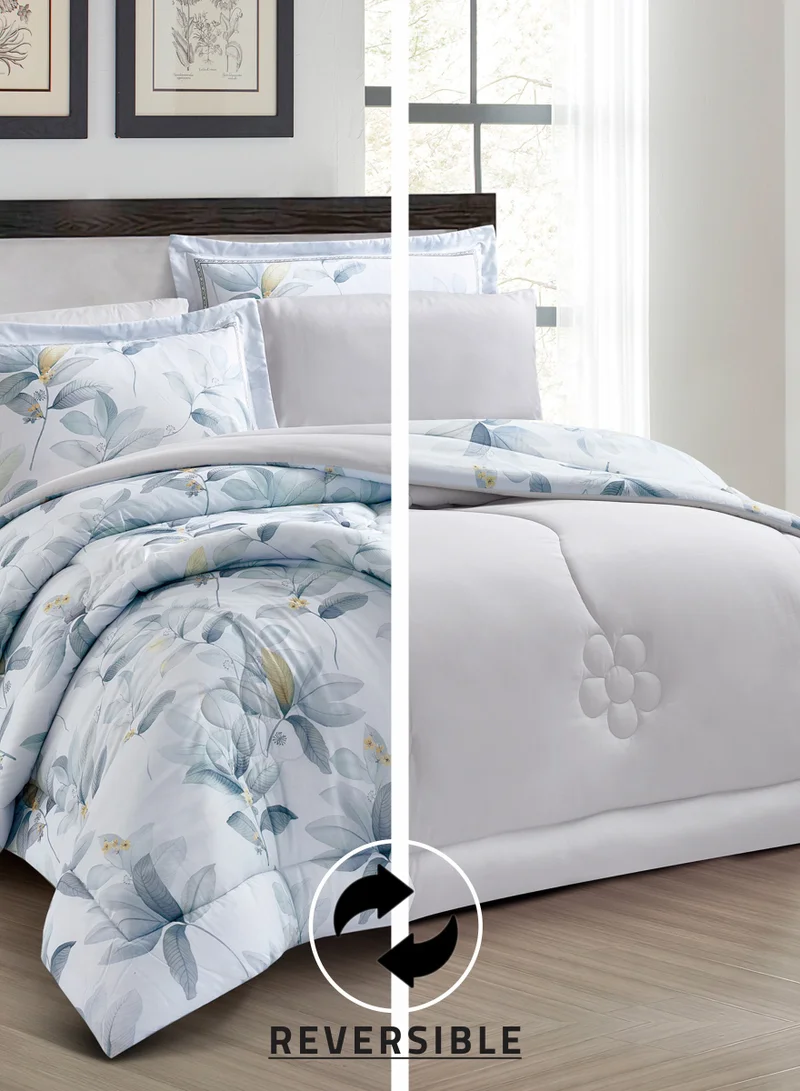 Donetella Comforter Set 6-Pcs King Size Printed Reversible Double Bed FIt 200 x 200 CM All Season Comforter With (350 GSM) Down Alternative Filling, Lavender Grey