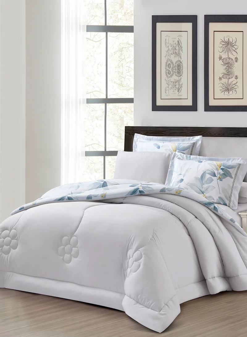 Donetella Comforter Set 6-Pcs King Size Printed Reversible Double Bed FIt 200 x 200 CM All Season Comforter With (350 GSM) Down Alternative Filling, Lavender Grey
