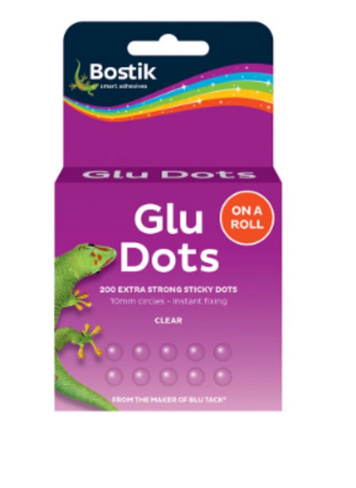Bostik Glu Dots On a Roll Extra Strong Sticky Dots Instant Fixing Clear 200 pcs 10mm (Pack of 6)  - Image 1