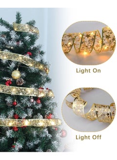 Eworld 10M Christmas Tree Ribbon Lights with 100 LED, Double Layer Copper Wire Ribbon Bows for Holiday Decorations, Battery Powered Gold with Warm White Light for Christmas Tree, Garden, and Party Decor  - Image 5