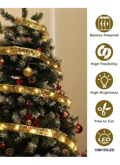Eworld 10M Christmas Tree Ribbon Lights with 100 LED, Double Layer Copper Wire Ribbon Bows for Holiday Decorations, Battery Powered Gold with Warm White Light for Christmas Tree, Garden, and Party Decor  - Image 3