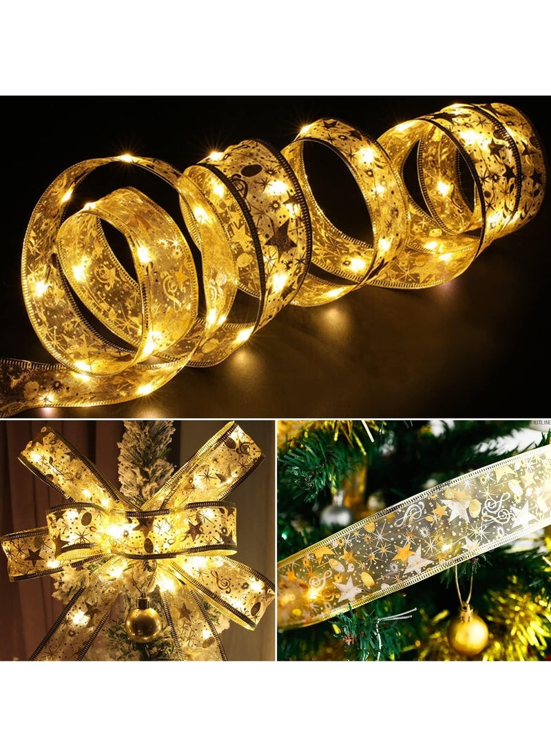 Eworld 10M Christmas Tree Ribbon Lights with 100 LED, Double Layer Copper Wire Ribbon Bows for Holiday Decorations, Battery Powered Gold with Warm White Light for Christmas Tree, Garden, and Party Decor  - Image 4